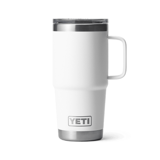 YETI Rambler 20 oz travel mug in white, front view with Stronghold lid and handle