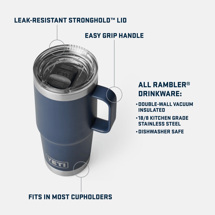 Specifications panel for the YETI Rambler 20 oz travel mug listing size and capacity