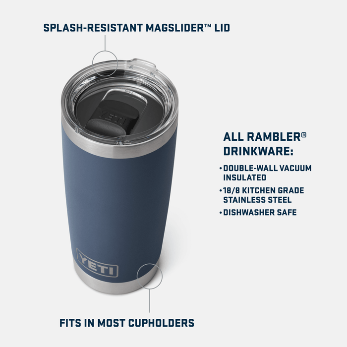 Specifications panel for the YETI Rambler 20 oz tumbler showing dimensions and capacity