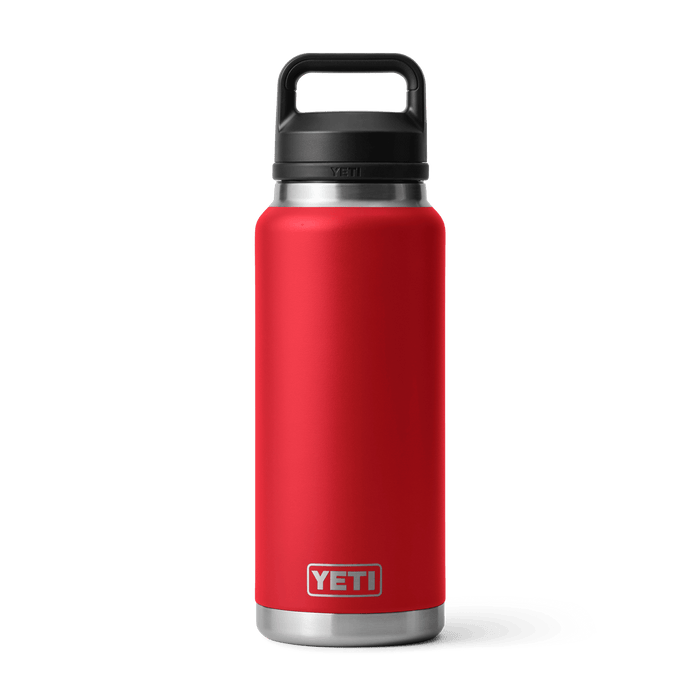 YETI Rambler 36 oz insulated water bottle in rescue red, front view with Chug Cap