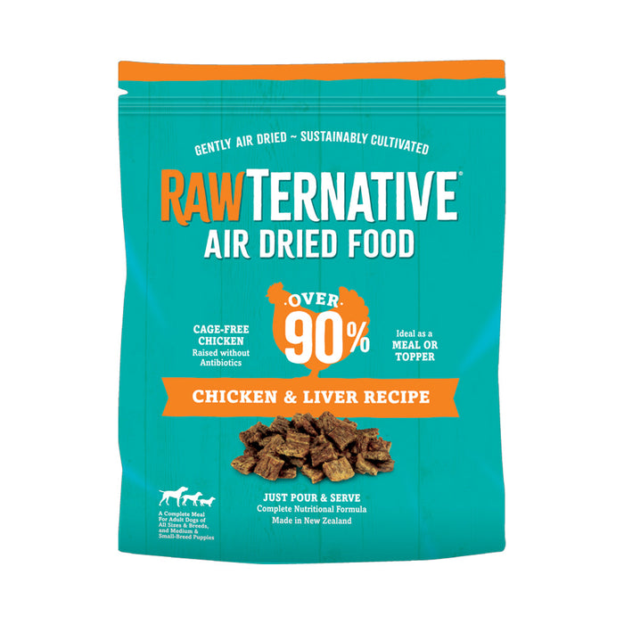 Blue bag of Gently air dried, sustainably cultivated Rawternative Air Dried Food. Cag free Chicken raised without antibiotics. Ideal as a meal or topper. Over 90% chicken & Liver recipe. Just pour and serve. Complete Nutritional formula. Made in New Zealand