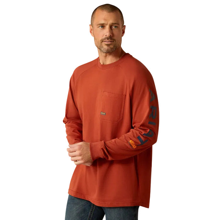 Ariat Rebar Cotton Strong long sleeve graphic t-shirt in burnt henna with baritone blue print, front view