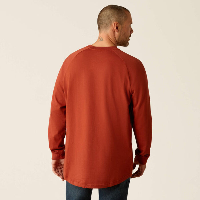 Ariat Rebar Cotton Strong graphic long sleeve tee in burnt henna, back view of the print