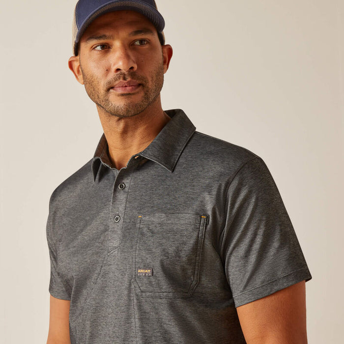 Ariat Rebar Foreman work polo in charcoal, detail view of the reinforced chest pocket