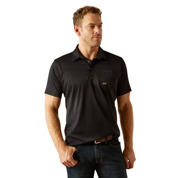 Ariat Rebar Foreman short sleeve polo in black, front view, big and tall sizing
