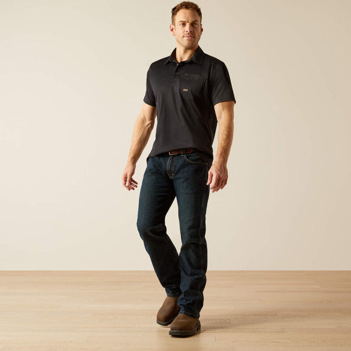 Ariat Rebar Foreman polo in black, full length view