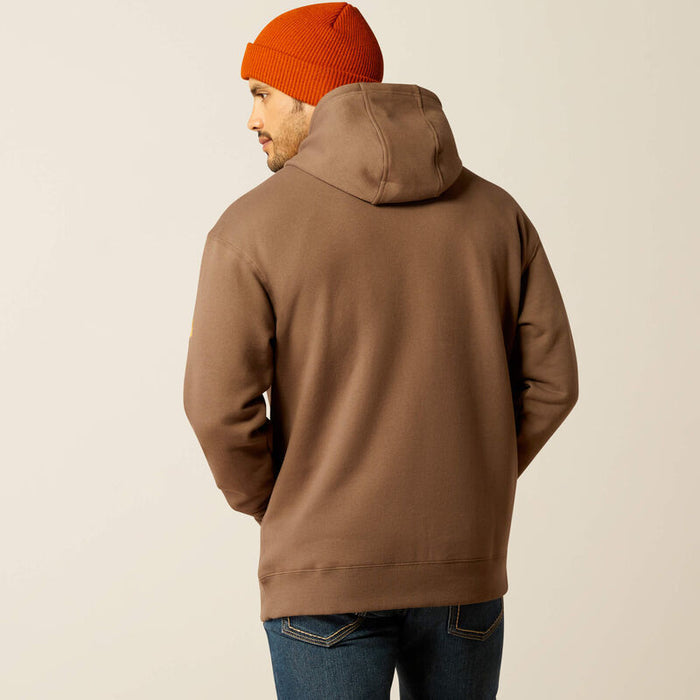 Ariat Rebar graphic hoodie in chocolate chip, back view of the print