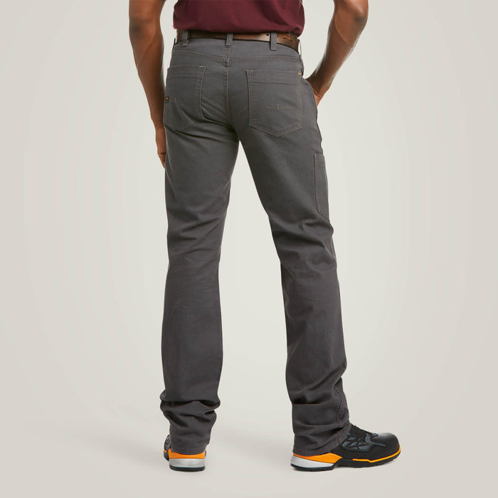 Back view of the Ariat Rebar M4 DuraStretch stackable work pant in rebar grey, rear pockets