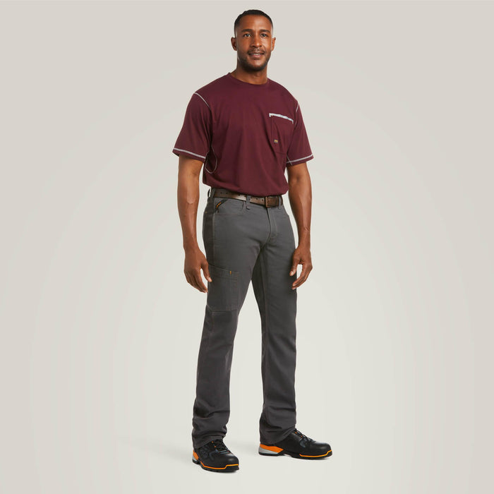 Full-length view of the Ariat Rebar M4 DuraStretch stackable straight leg pant in rebar grey