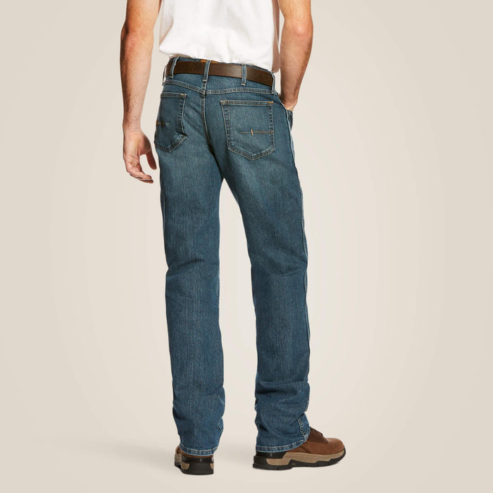 Back view of the Ariat Rebar M4 relaxed fit DuraStretch boot cut work jean, rear pockets