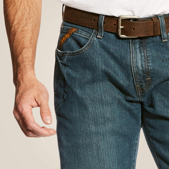 Ariat Rebar M4 DuraStretch boot cut work jean, detail view of the stretch denim fabric