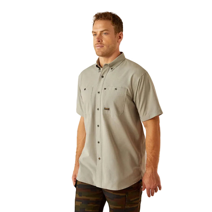 Ariat Rebar Made Tough 360 AirFlow short sleeve work shirt in wild dove, front view, big and tall sizing
