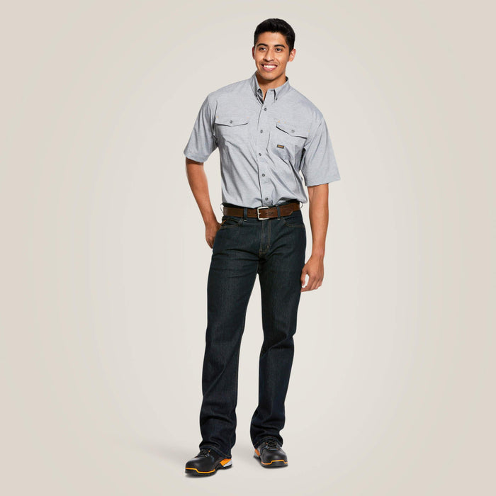 Full-length view of the Ariat Rebar Made Tough VentTEK work shirt in charcoal heather