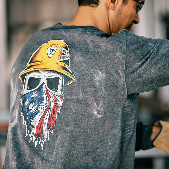 Ariat Rebar Workman Born For This tee in charcoal heather, shown worn on a job site