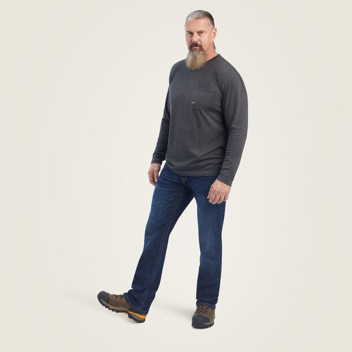 Full-length view of the Ariat Rebar Workman Born For This tee in charcoal heather