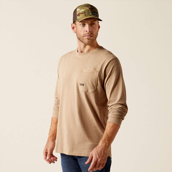 Ariat Rebar Workman long sleeve tee in oatmeal heather, back view of the print