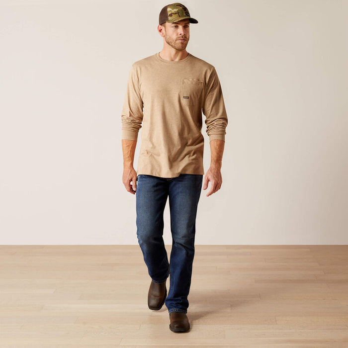 Ariat Rebar Workman long sleeve tee in oatmeal heather, full length view