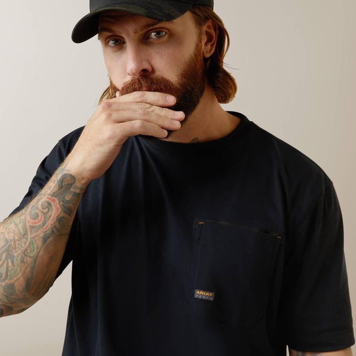 Ariat Rebar Workman Born For This graphic work tee in black, detail view of the print