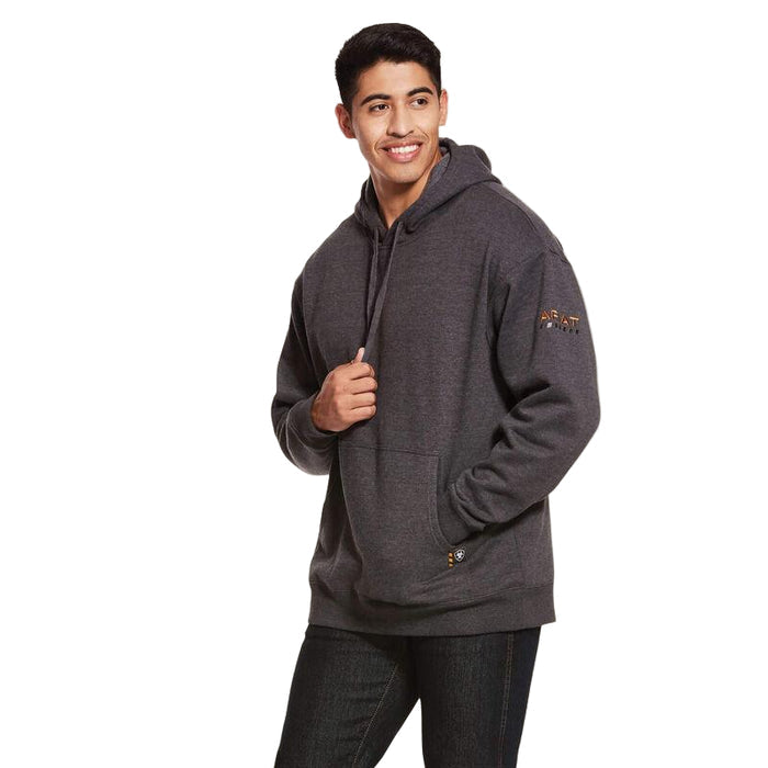 Ariat Rebar Workman water resistant hooded work sweatshirt in charcoal, front view