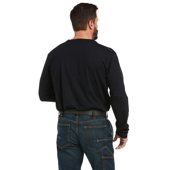 Back view of the Ariat Rebar Workman logo long sleeve work tee in black and lime print