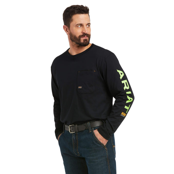 Ariat Rebar Workman logo long sleeve work tee in black and lime, big and tall sizes