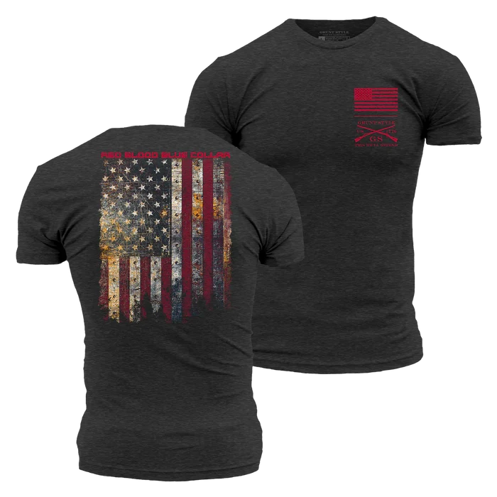 Grunt Style Red Blood Blue Collar graphic tee in charcoal, front and back views