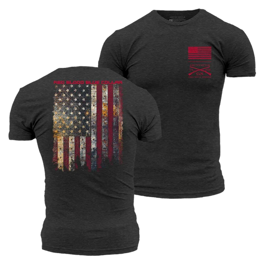 Grunt Style Red Blood Blue Collar graphic tee in charcoal, front and back views