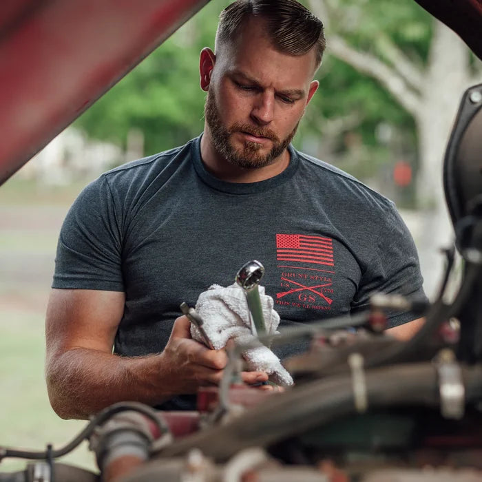 Grunt Style Red Blood Blue Collar tee in charcoal shown on a model