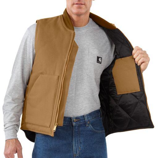 Carhartt V01 insulated duck vest in brown, detail of the front pocket