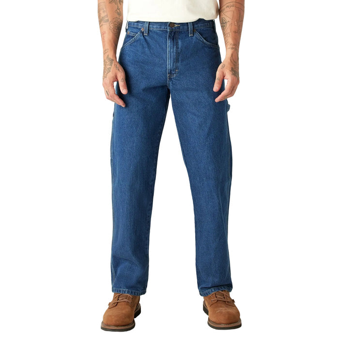 Dickies relaxed fit heavyweight carpenter jean in stonewashed indigo, front view with hammer loop