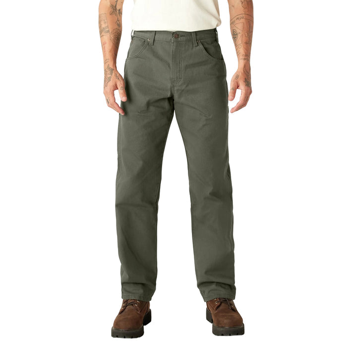 Dickies relaxed fit heavyweight duck carpenter pant in rinsed moss green, front view with hammer loop