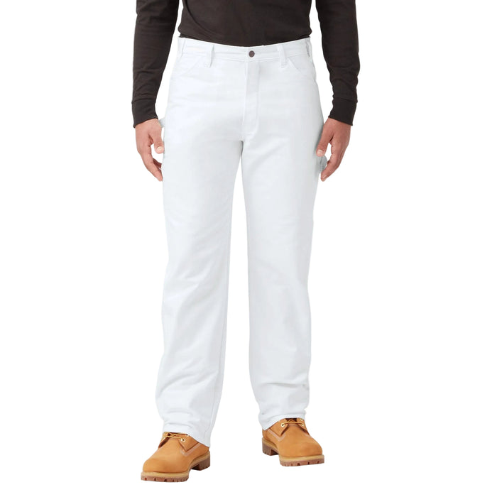 Dickies relaxed fit straight leg painter's pant in white cotton drill, front view with hammer loop