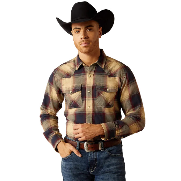 Ariat Retro Hale long sleeve snap front shirt in pale khaki, front view