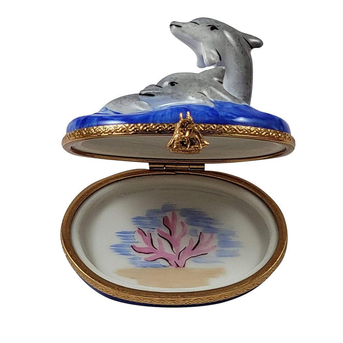 Three Dolphins Porcelain Limoges fish ocean beach French Trinket Box