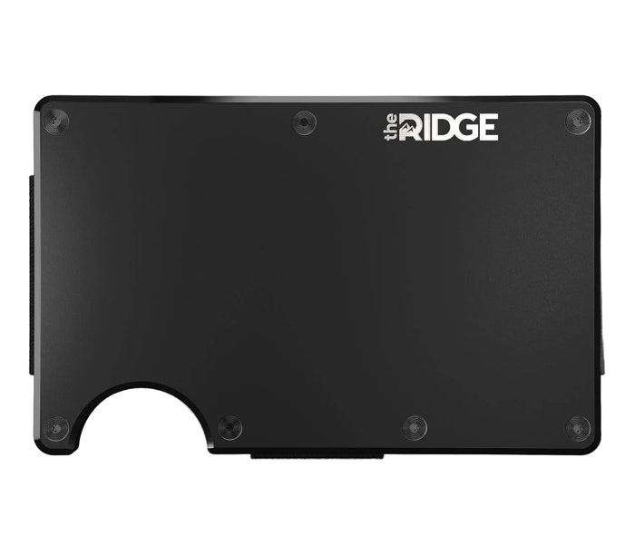 Ridge Royal Black aluminum minimalist wallet, front view with cards fanned from the injector
