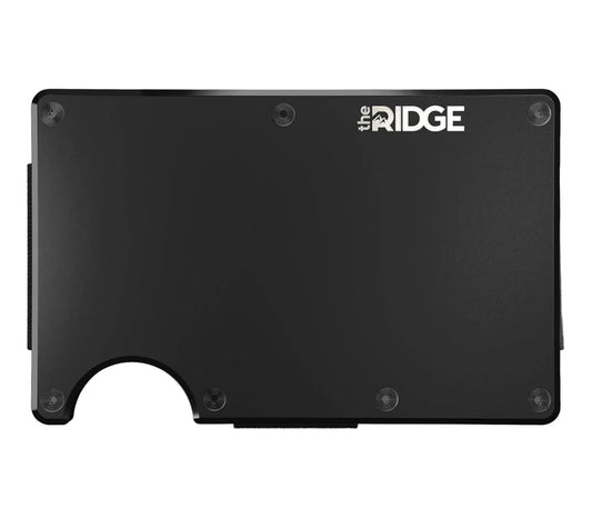 Ridge Royal Black aluminum minimalist wallet, front view with cards fanned from the injector