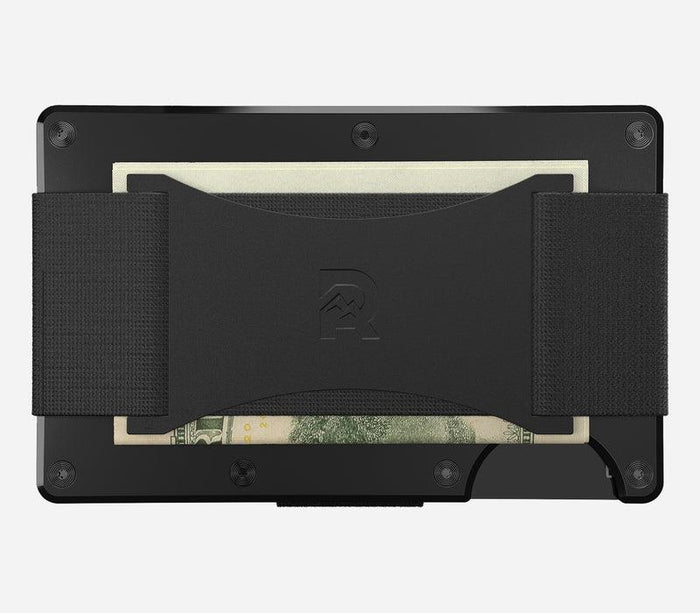 Back view of the Royal Black Ridge aluminum wallet showing the elastic cash strap