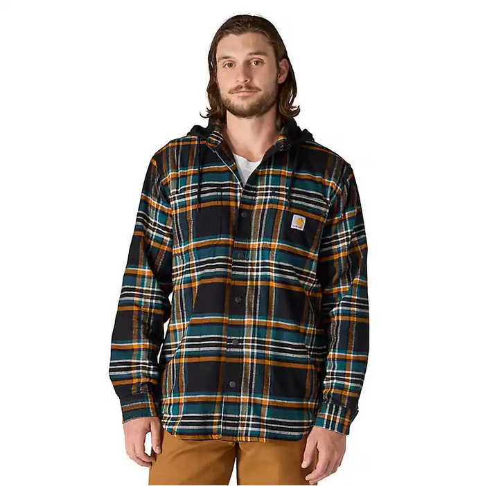 Carhartt Rugged Flex relaxed fit flannel fleece lined hooded shirt jacket in black
