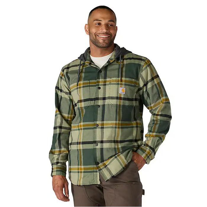 Carhartt Rugged Flex relaxed fit flannel fleece lined hooded shirt jacket in forestry green