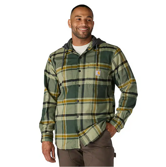 Carhartt Rugged Flex relaxed fit flannel fleece lined hooded shirt jacket in forestry green