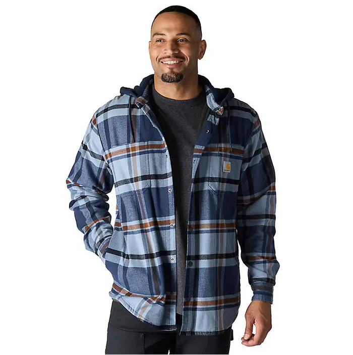 Carhartt Rugged Flex relaxed fit flannel fleece lined hooded shirt jacket in navy