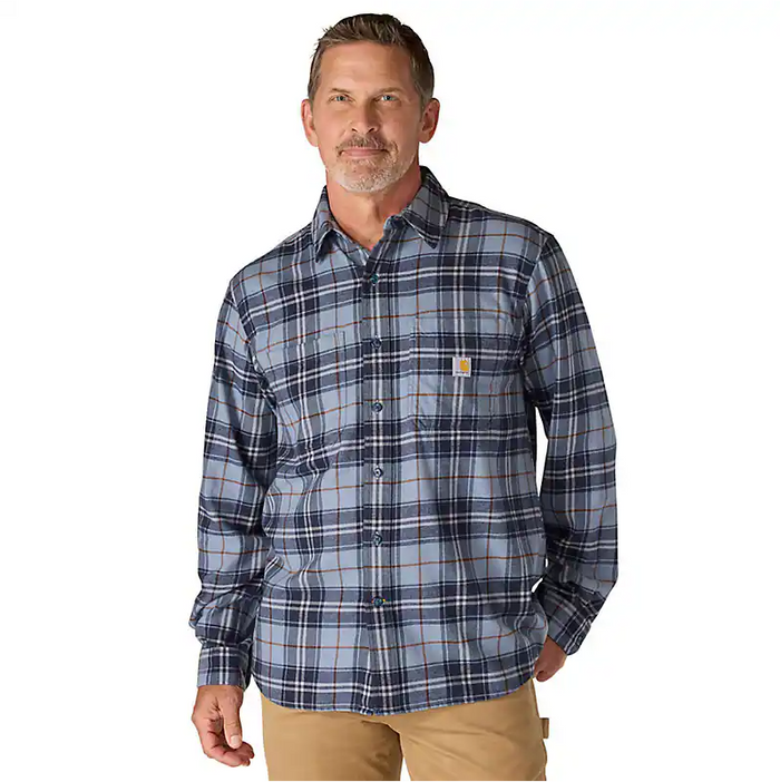 Carhartt Rugged Flex relaxed fit midweight long-sleeve plaid shirt in light faded navy