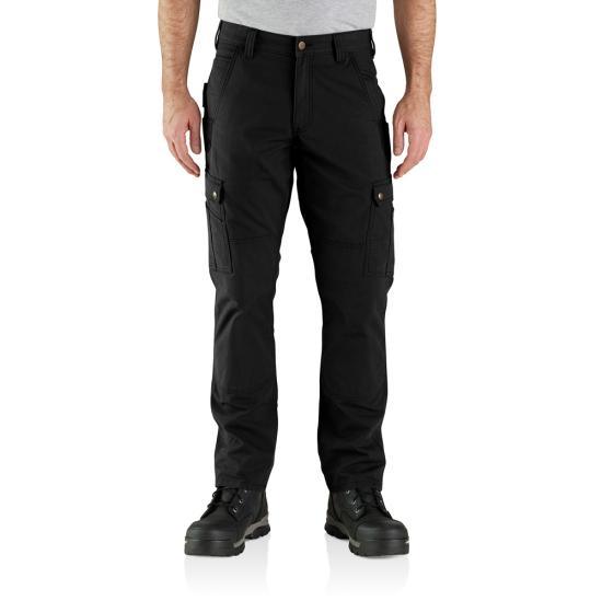 Carhartt Rugged Flex relaxed fit ripstop cargo work pant in black with reinforced cargo pockets, front view