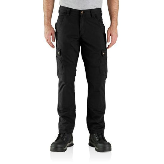 Carhartt Rugged Flex relaxed fit ripstop cargo work pant in black with reinforced cargo pockets, front view