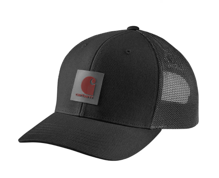 Carhartt Rugged Flex twill mesh back logo patch cap in black, adjustable work cap