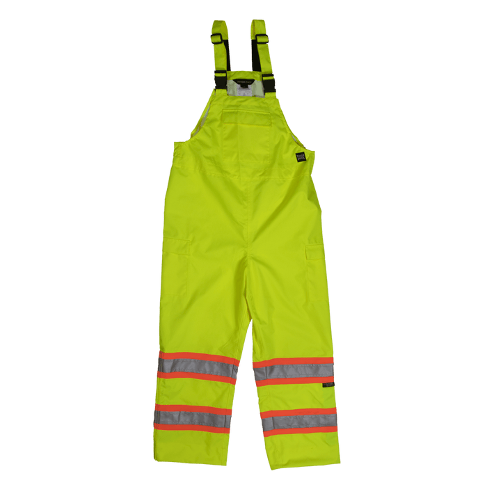 Tough Duck safety rain bib overall in fluorescent green and black, front view