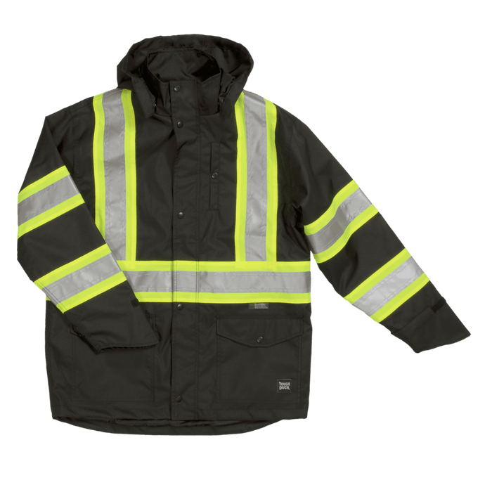 Tough Duck safety rain jacket in black, 3X sizing, front view