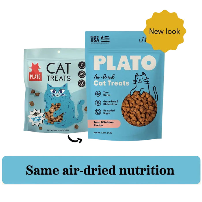 Plato air-dried cat treats tuna and salmon recipe 2.5oz old packaging next to new packaging. New look, same air-dried nutrition.