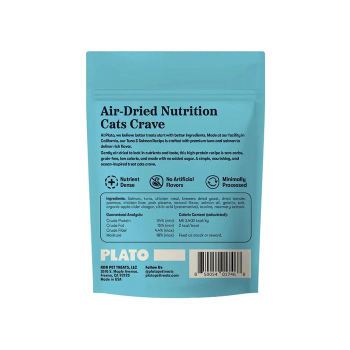 Plato air-dried cat treats tuna and salmon recipe 2.5oz back of package