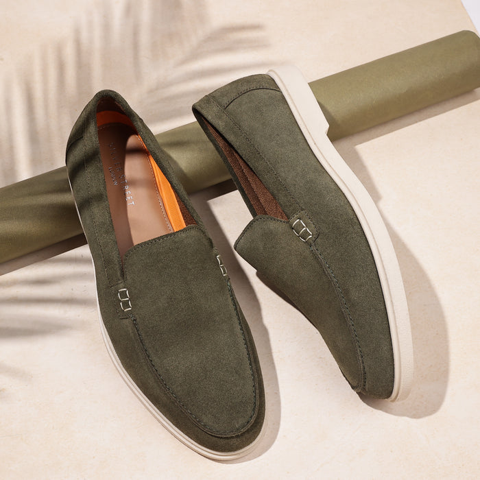 San-Mauro Suede Leather Apron Loafers - Green